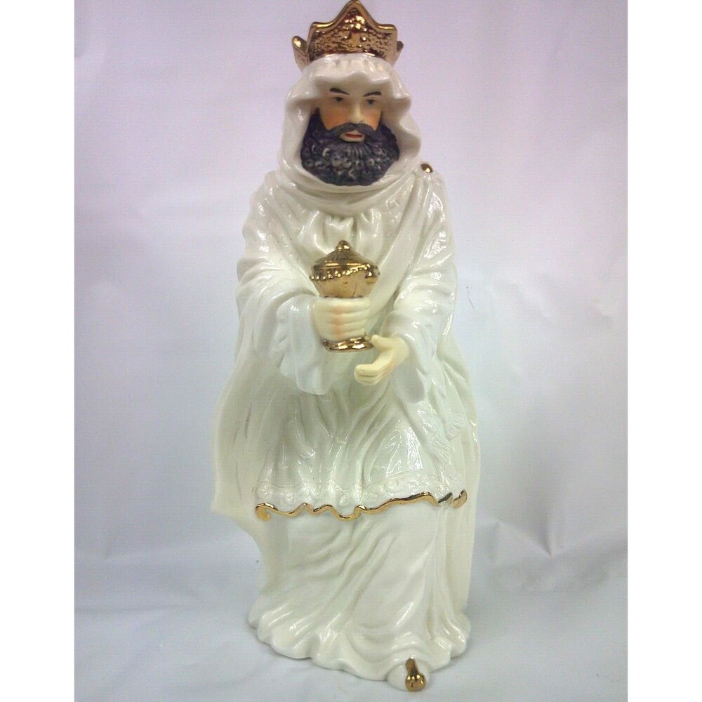Large White Ceramic Nativity Manger Wise Man Figurine Gold Trim Standing 10.5 In